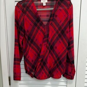 LOFT Women's Red/Black/Pink Plaid V-Neck Semi-Sheer Blouse w/Elastic Waist, Sz M